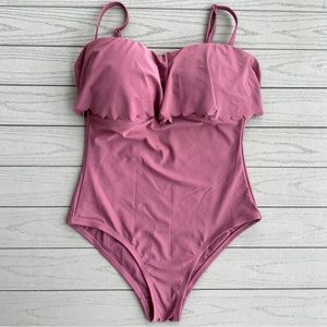 Kona Sol Swim One Piece Bathing Suit Mauve Mulberry Pink Scalloped Flounce M